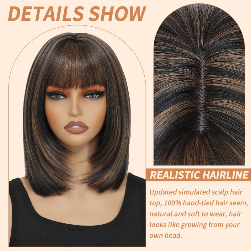 مِيلِيبْرُوتِيا شعر مستعار قصير بني اللون من ميليبروتيا للنساء ذوات البشرة السمراء، شعر مستعار بني فاتح متدرج مع غرة، طوله 14 بوصة، شعر مستعار مستقيم بدون غراء، مصنوع من مواد صناعية، مناسب للاستخدام اليومي والحفلات وأعياد الميلاد (14 بوصة). - Image 3